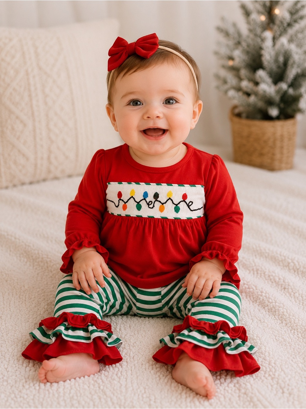 Girls Red Holiday Lights Matching Set with Green Striped Ruffle Pants